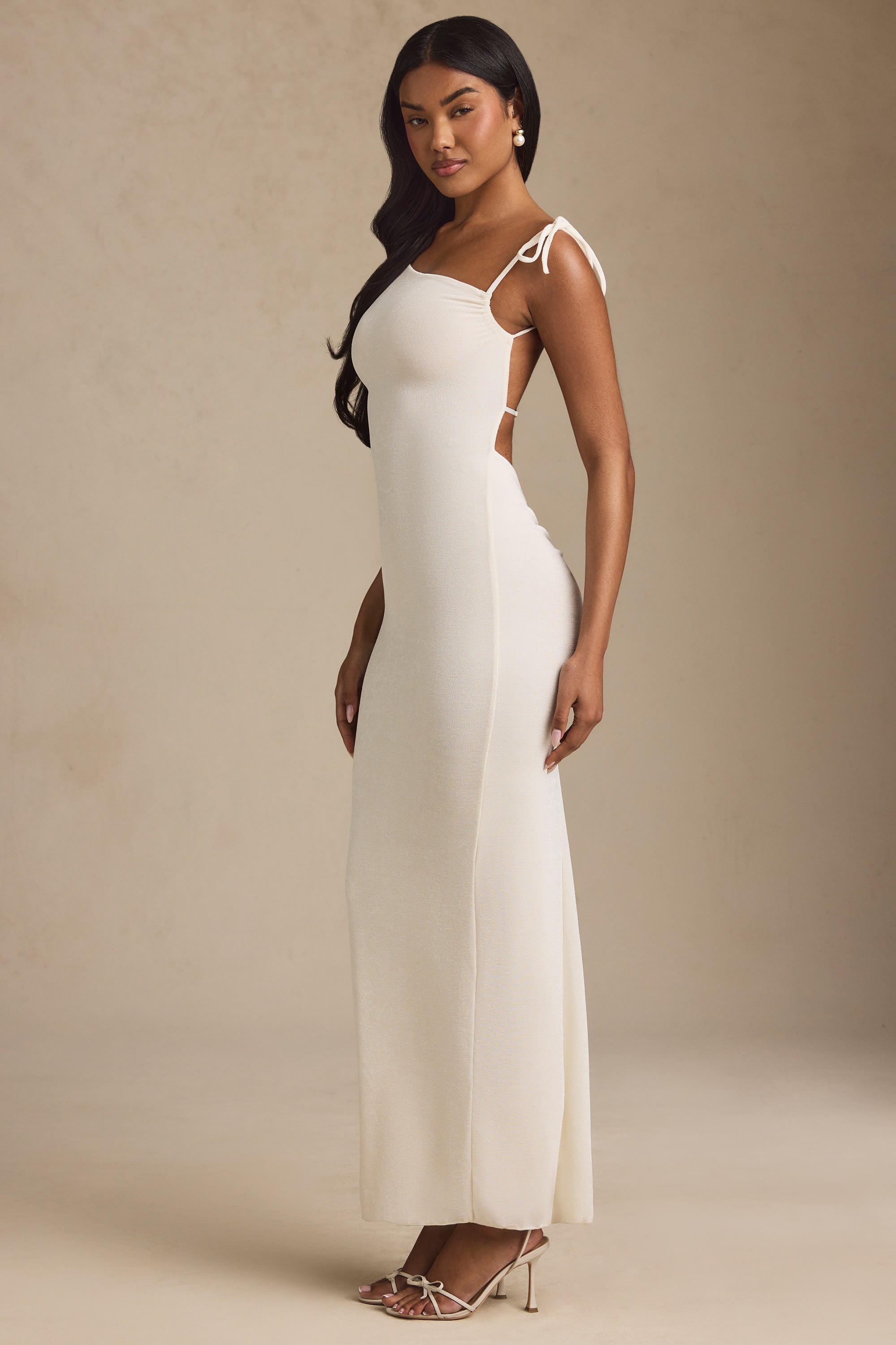 Textured Jersey Backless Maxi Dress in Ivory