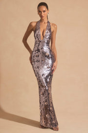 Sequin-Embellished Halterneck Maxi Dress in Silver