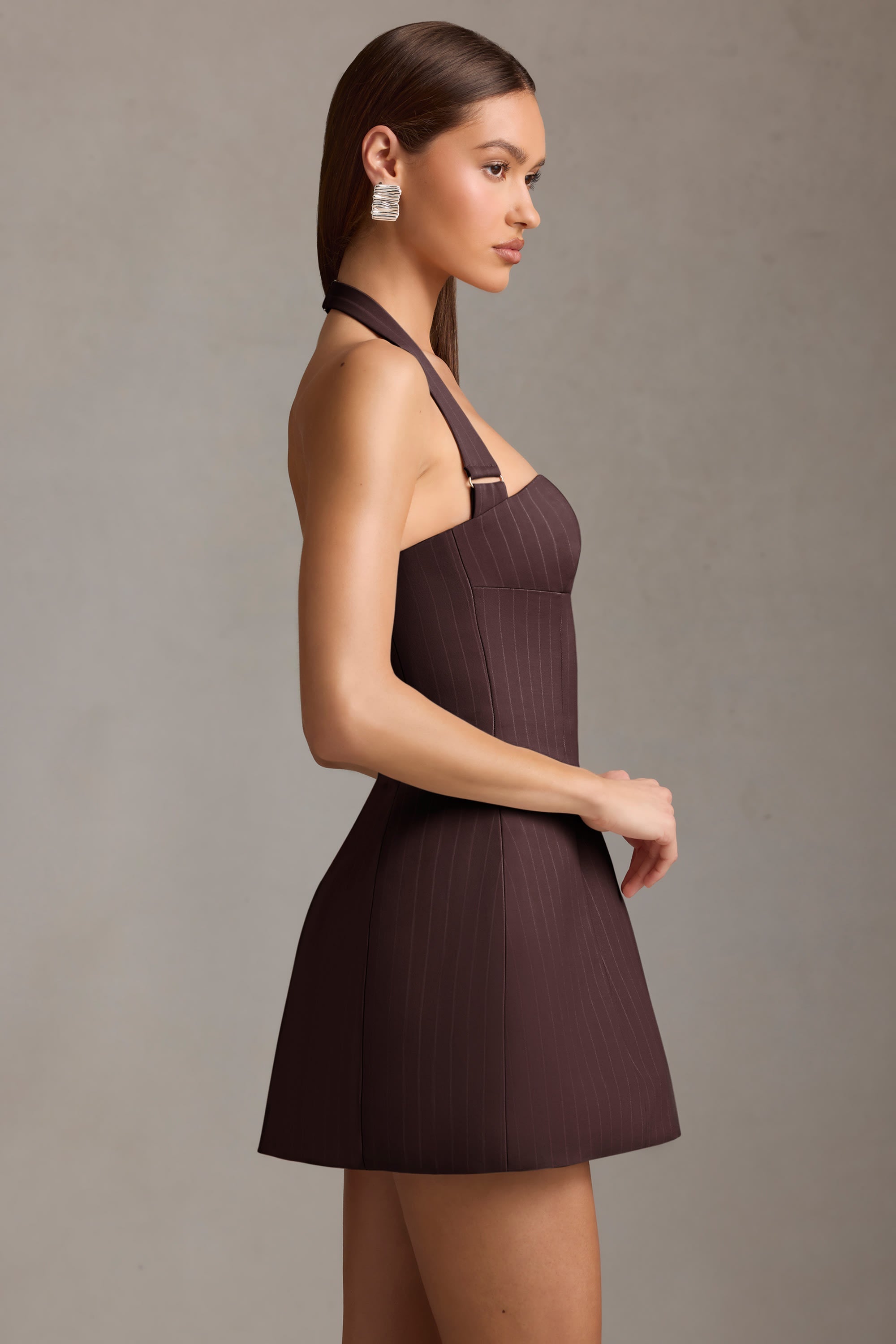 Pinstripe Halterneck Structured A-Line Mini Dress in Chocolate Brown