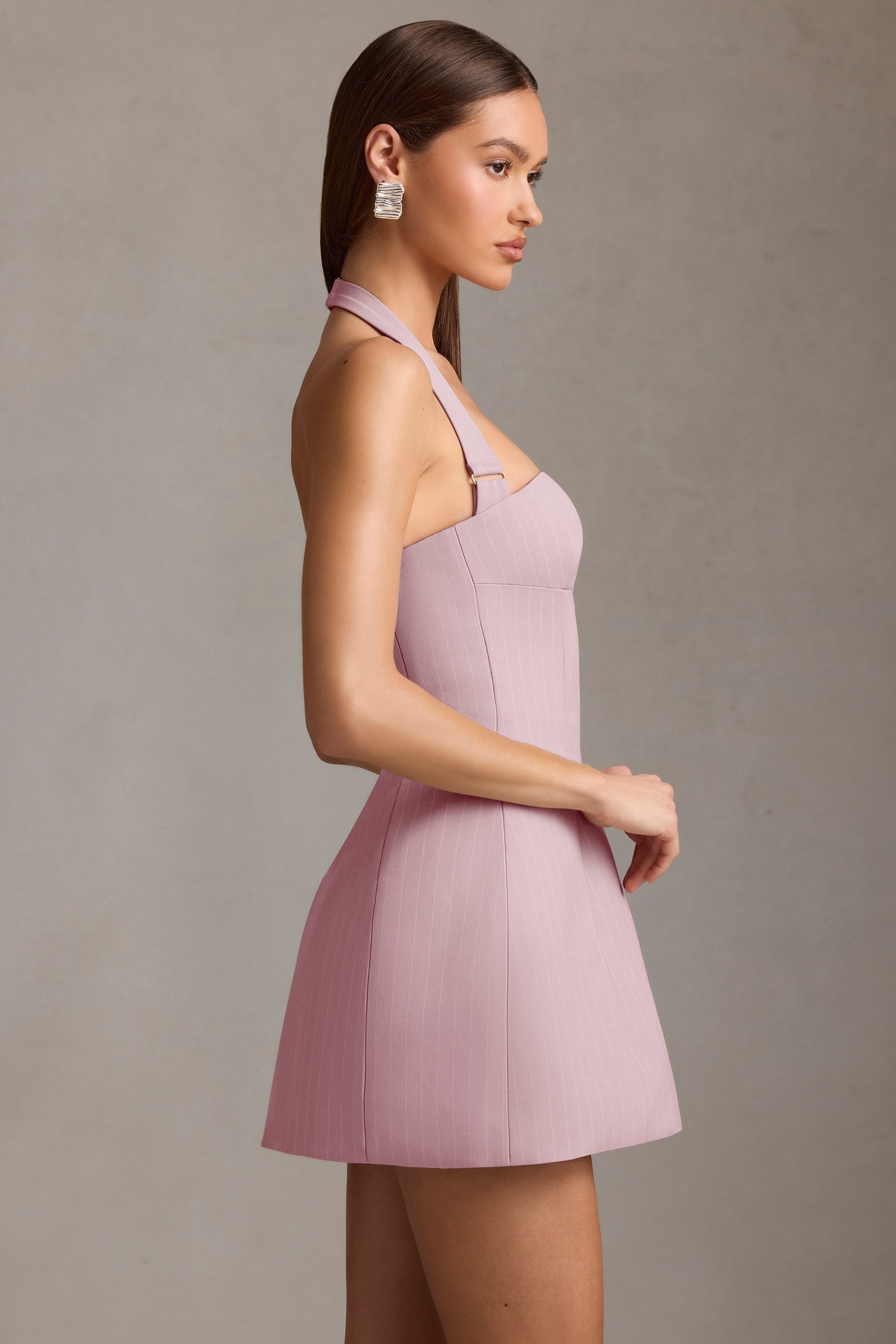 Pinstripe Halterneck Structured A-Line Mini Dress in Mauve