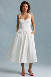 Button-Detail Halterneck Midaxi Dress in White