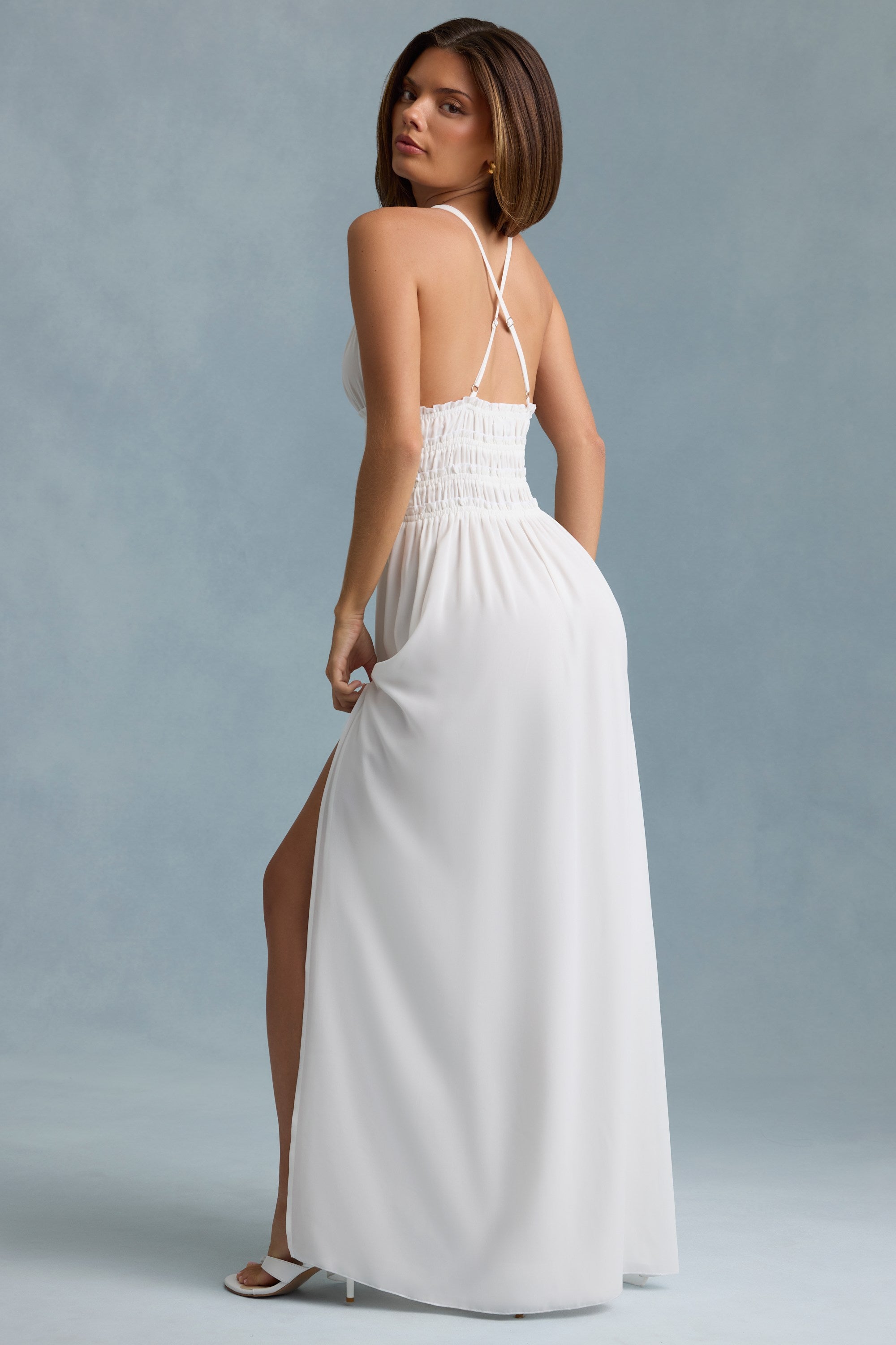 Plunge Cross-Back Maxi Dress in White