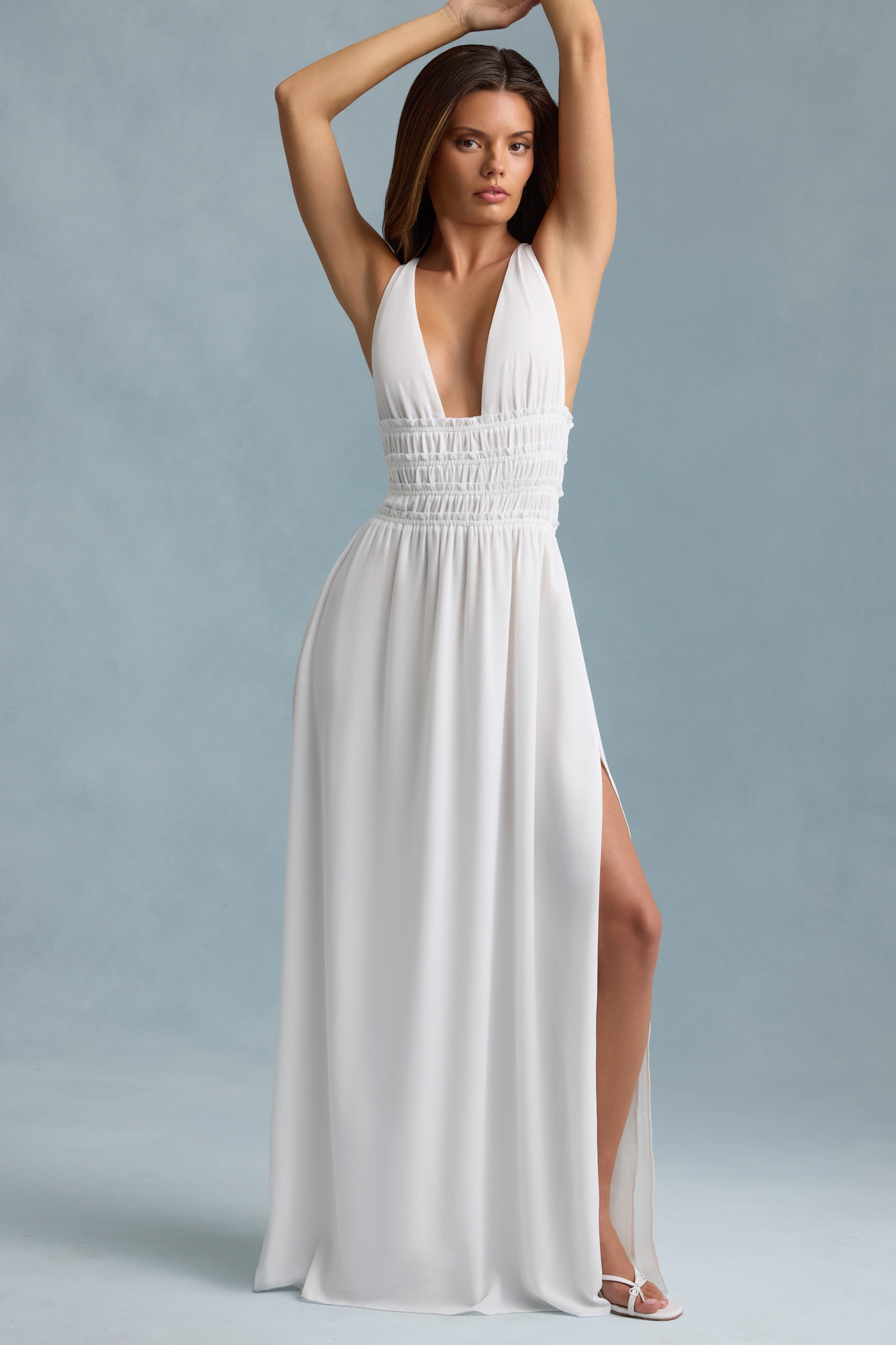 Plunge Cross-Back Maxi Dress in White