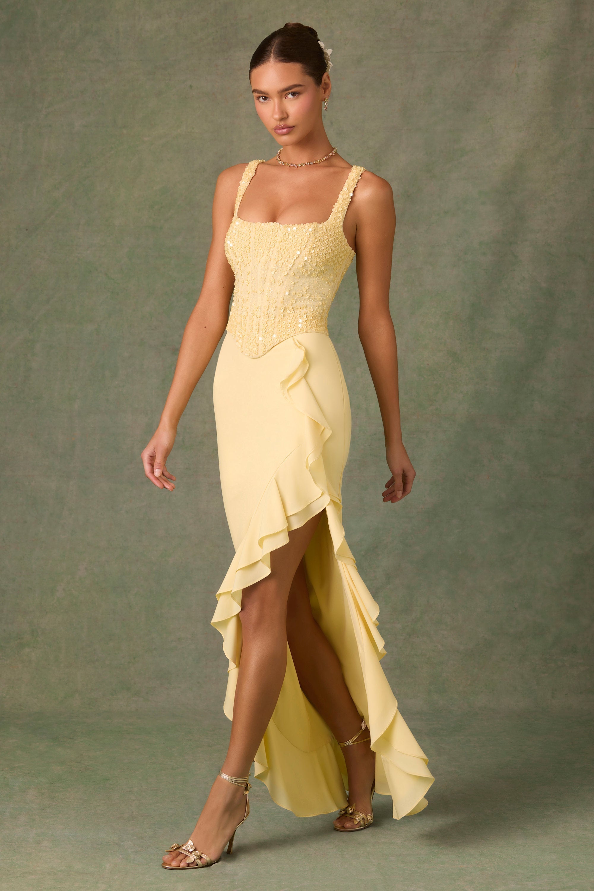 Embellished Ruffle-Trim Corset Gown in Yellow