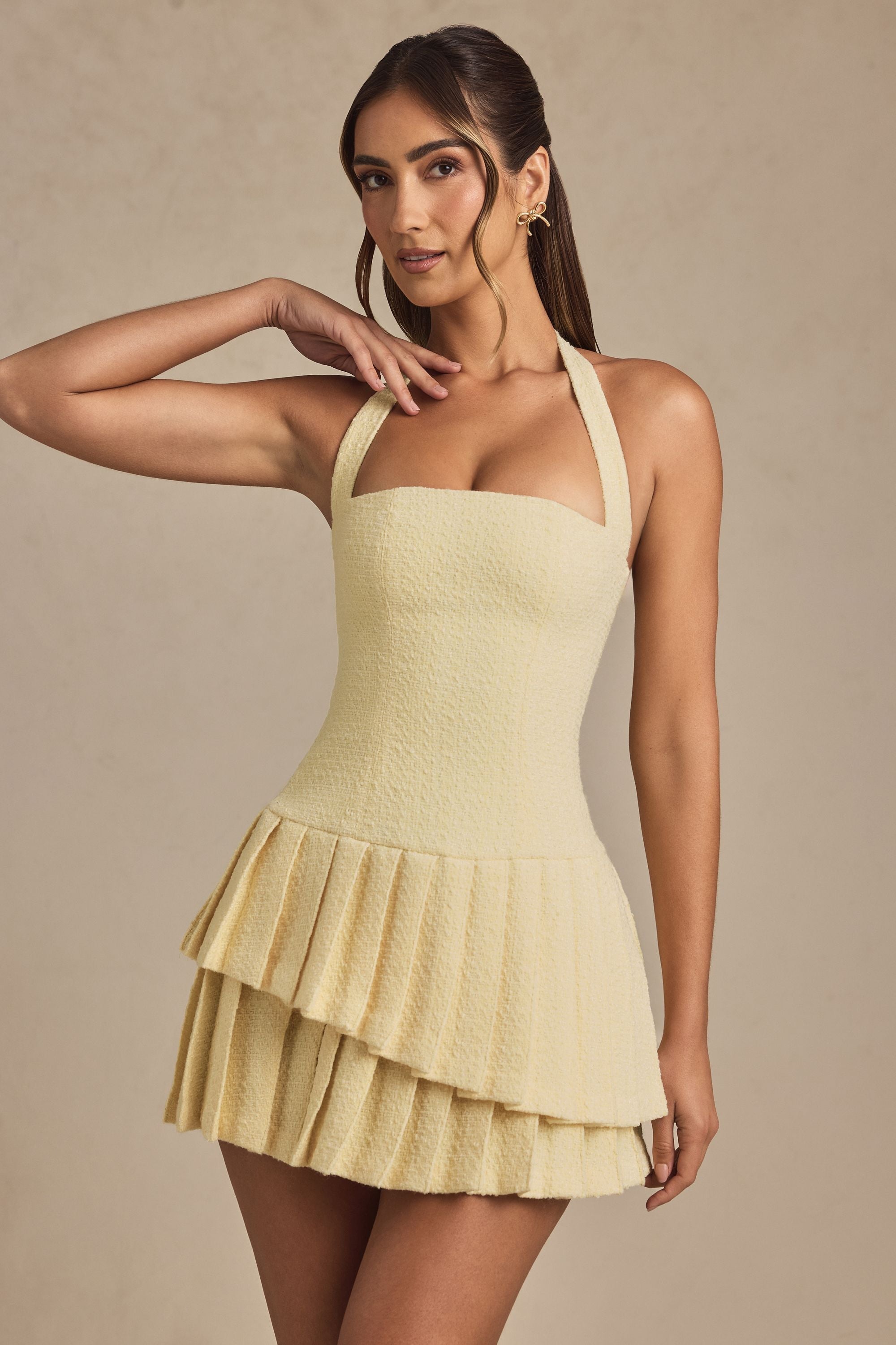 Asymmetric Layered Halterneck Mini Dress in Pastel Yellow