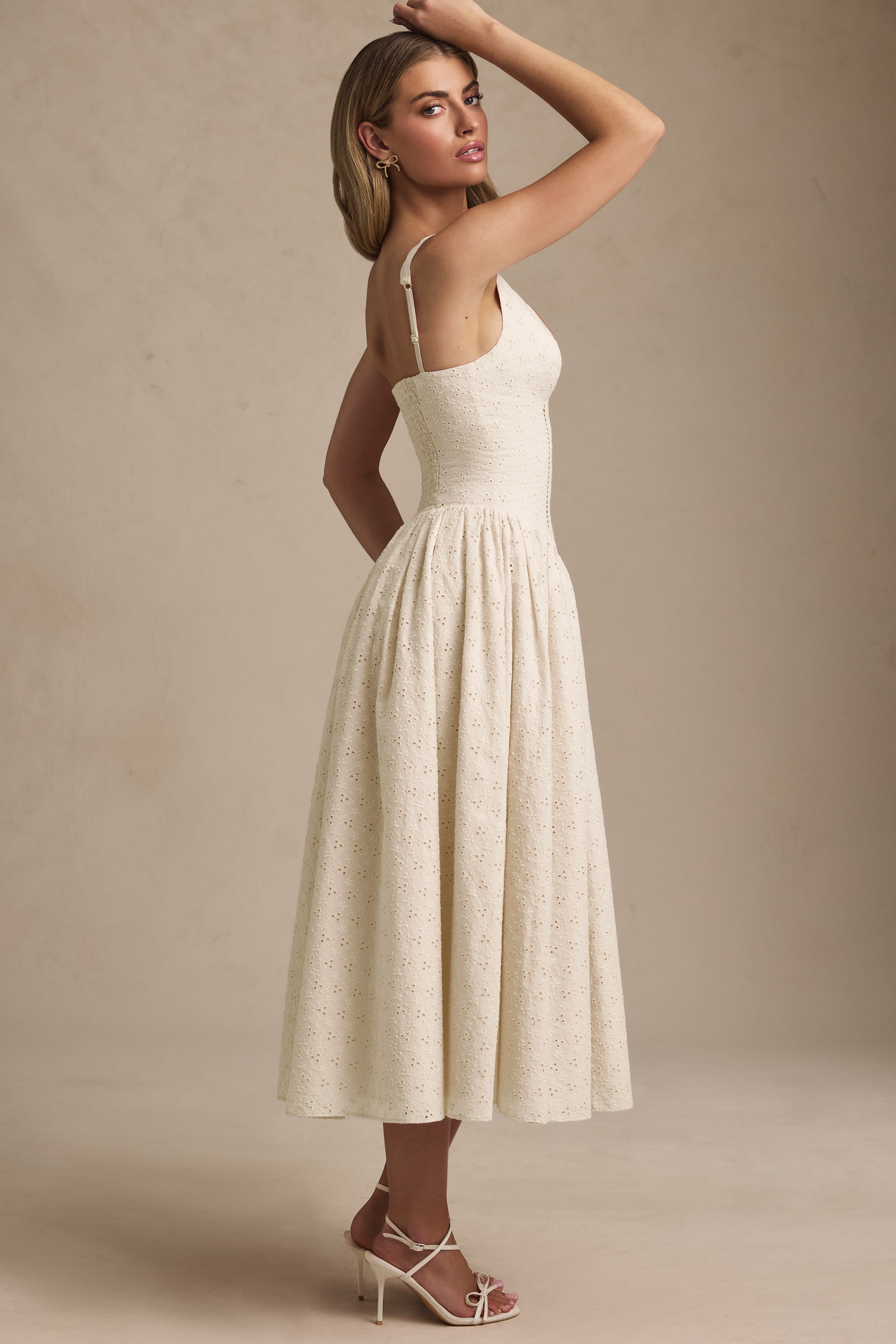 Broderie Anglaise Bow-Detail A-Line Midaxi Dress in Ivory