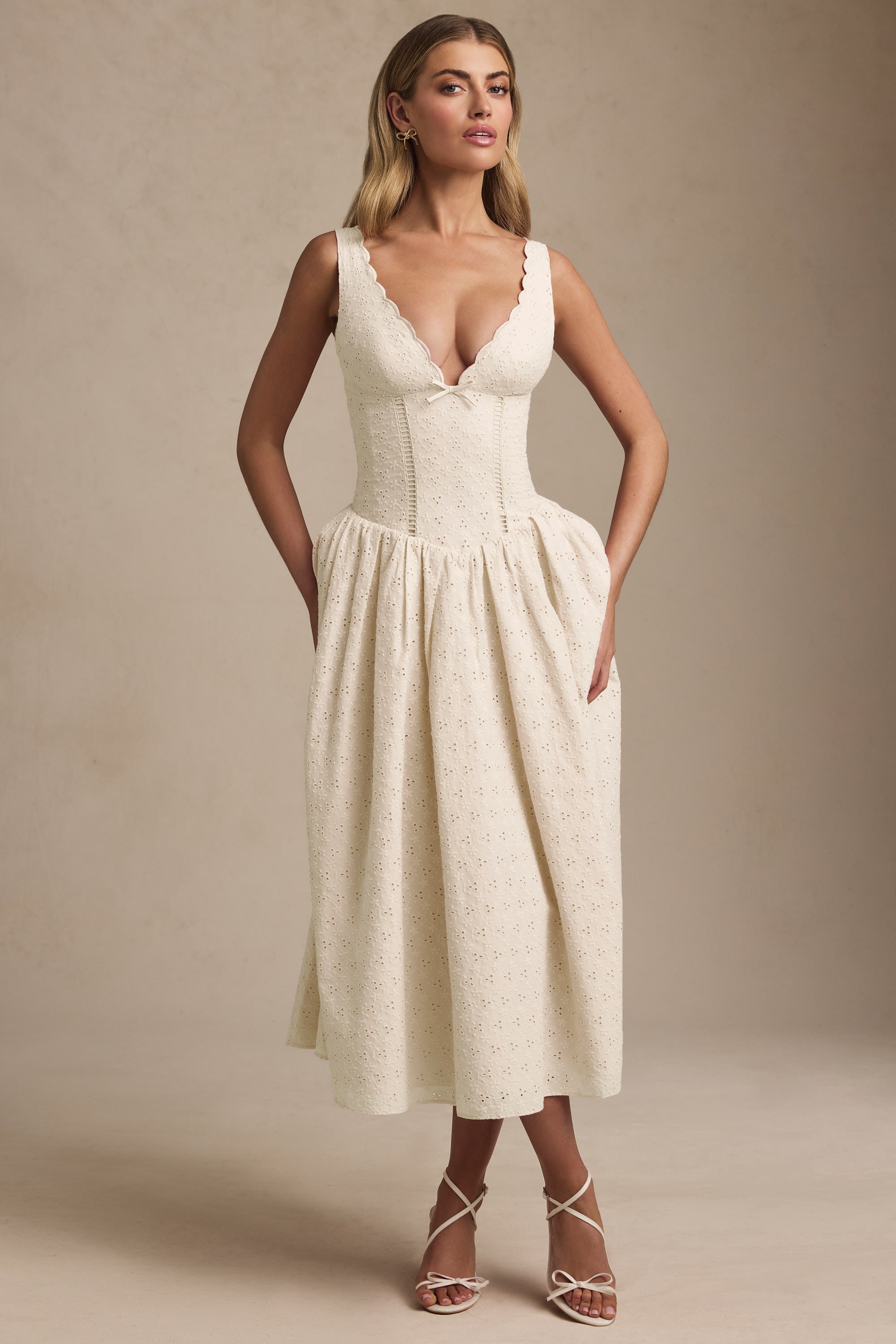 Broderie Anglaise Bow-Detail A-Line Midaxi Dress in Ivory