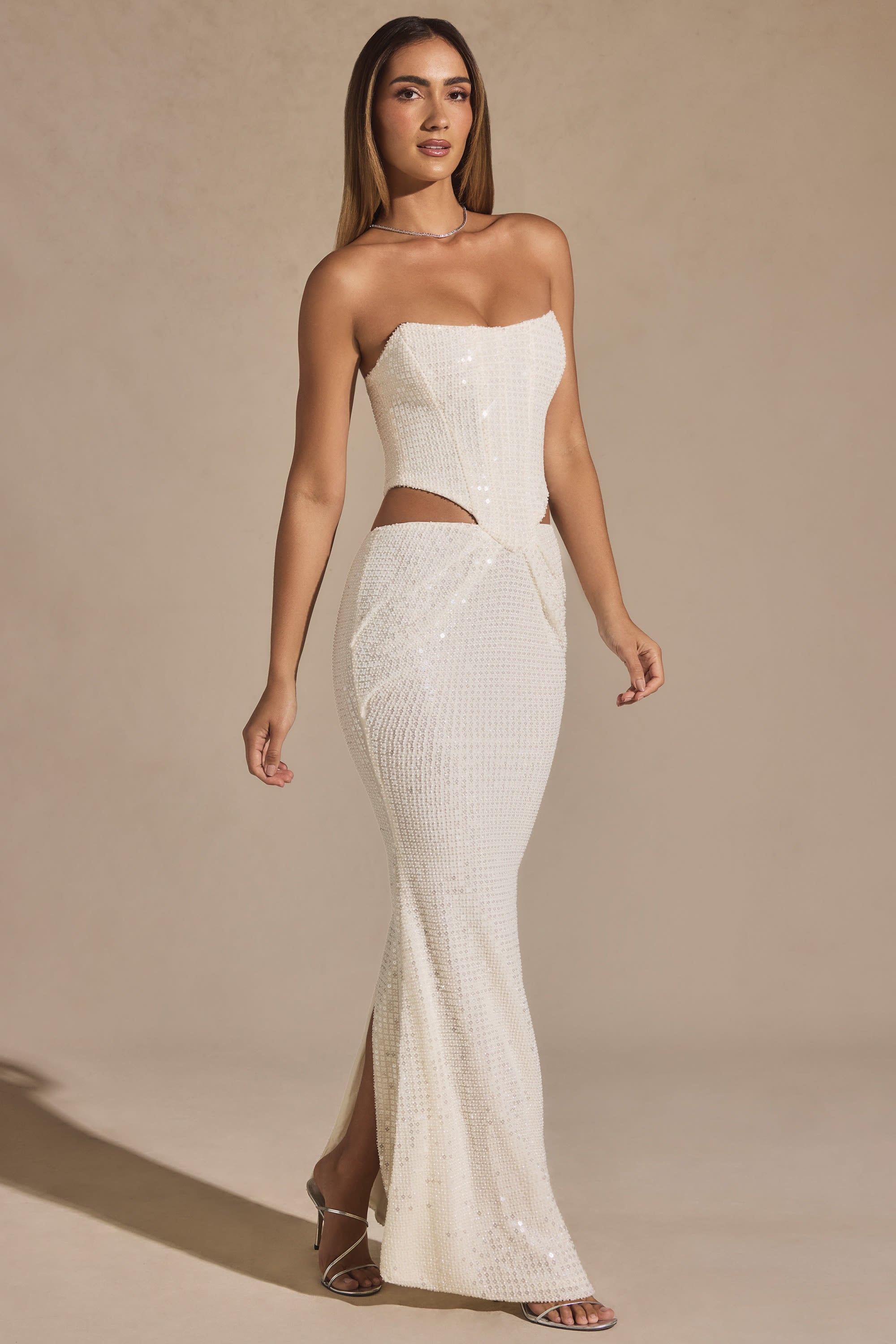 Embellished Cut-Out Draped Corset Gown in White