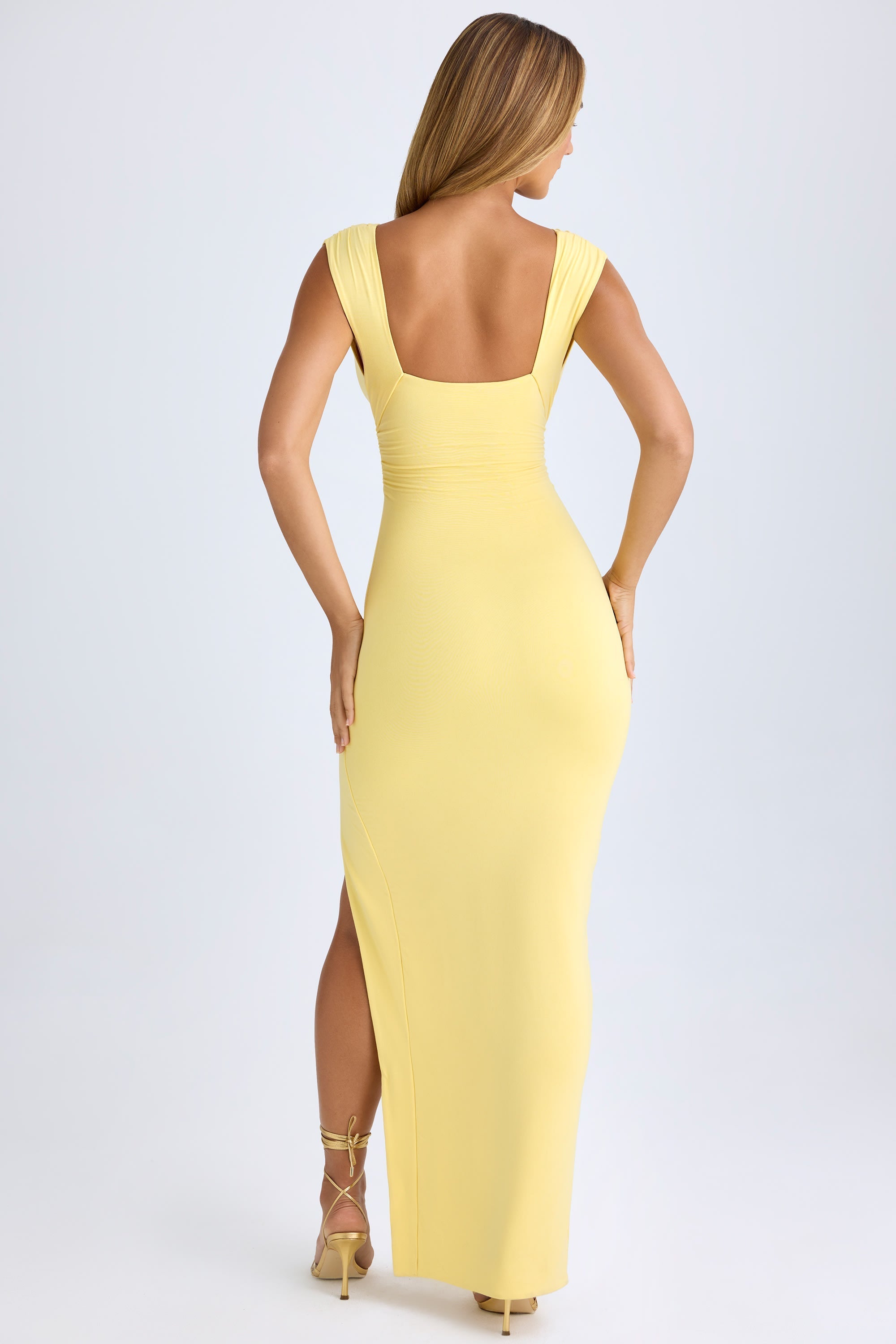 High Split Plunge Neck Maxi Dress in Lemon Sherbet