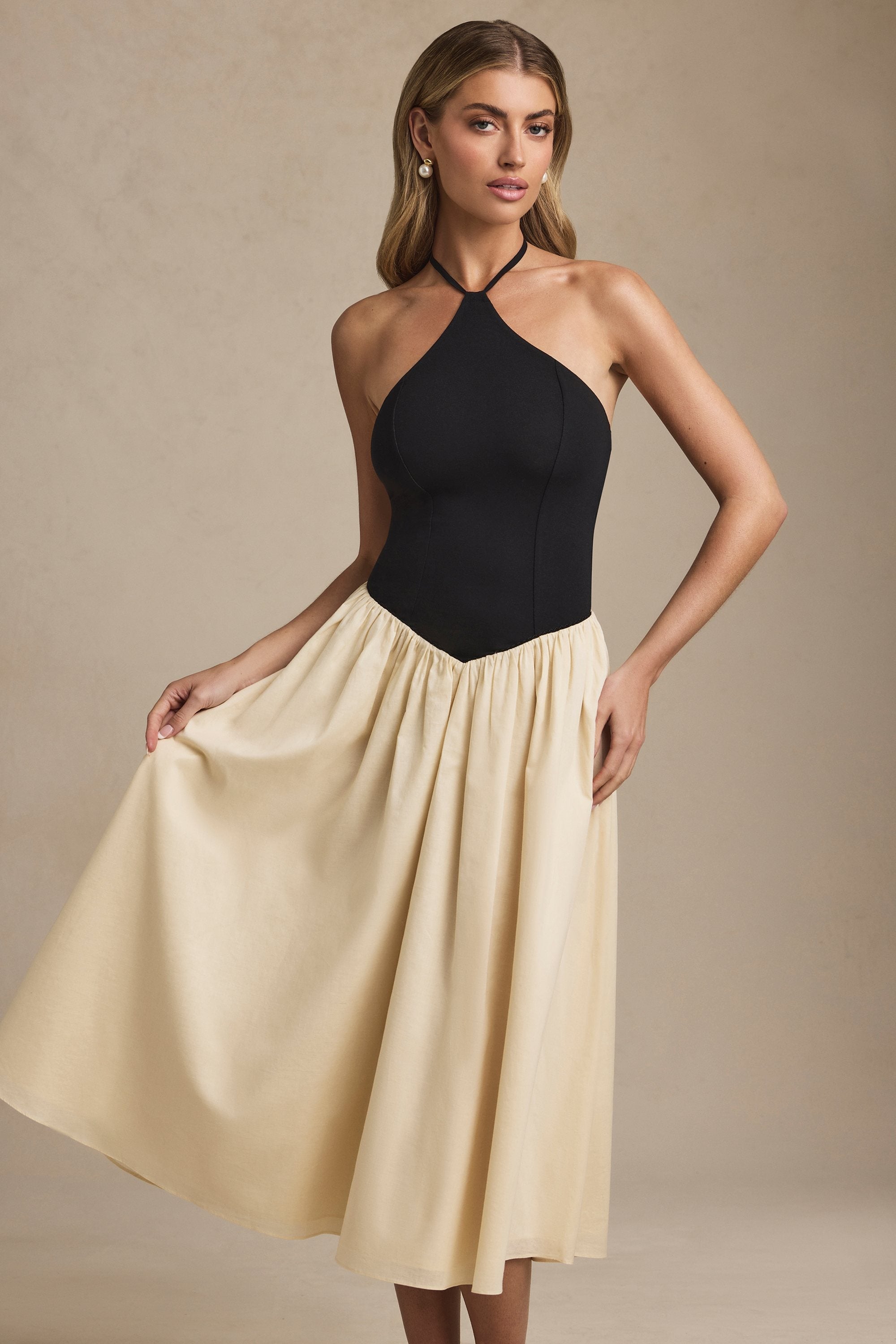 Halterneck A-Line Midaxi Dress in Black