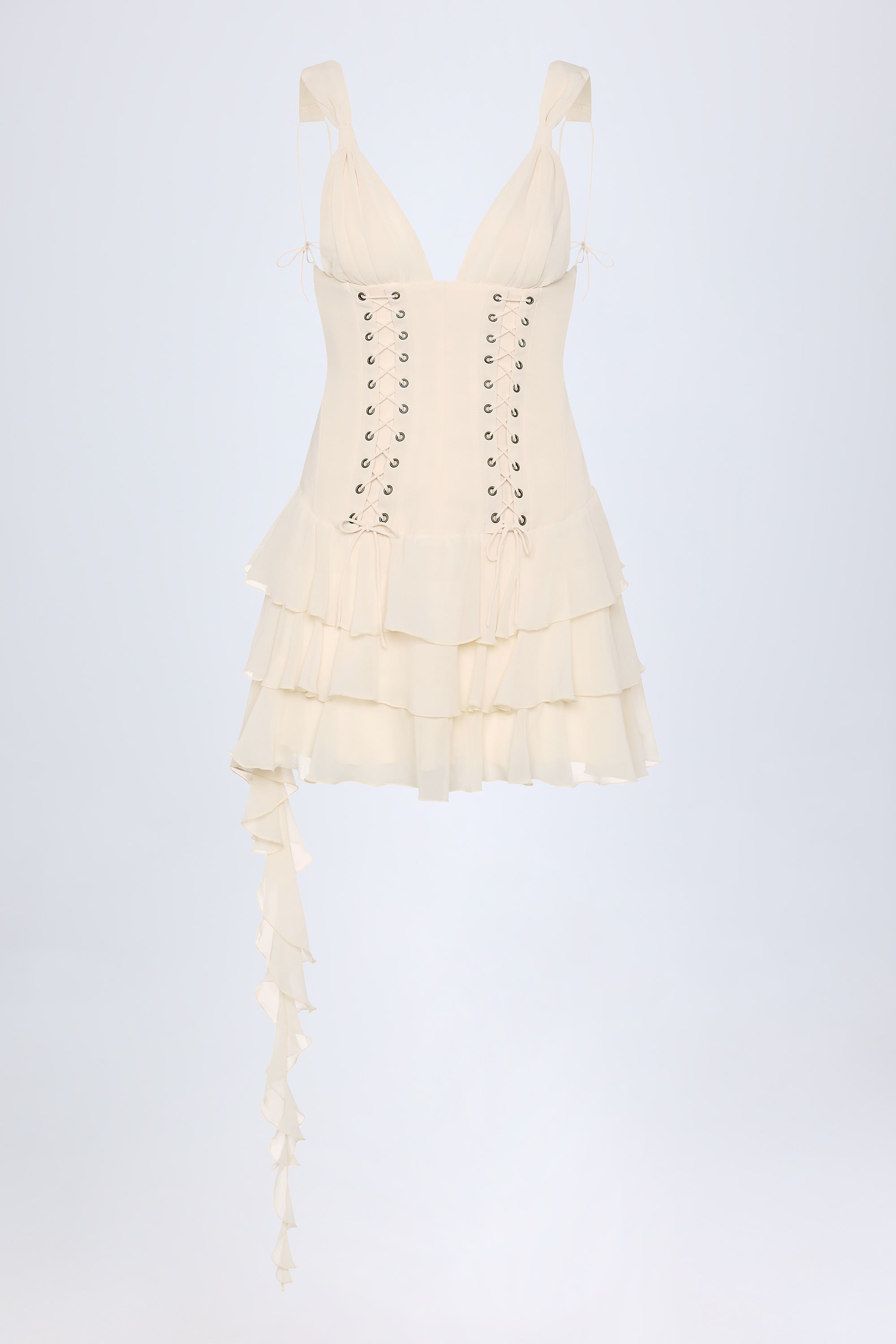Lace-Up Ruffled Tiered Mini Dress in Ivory