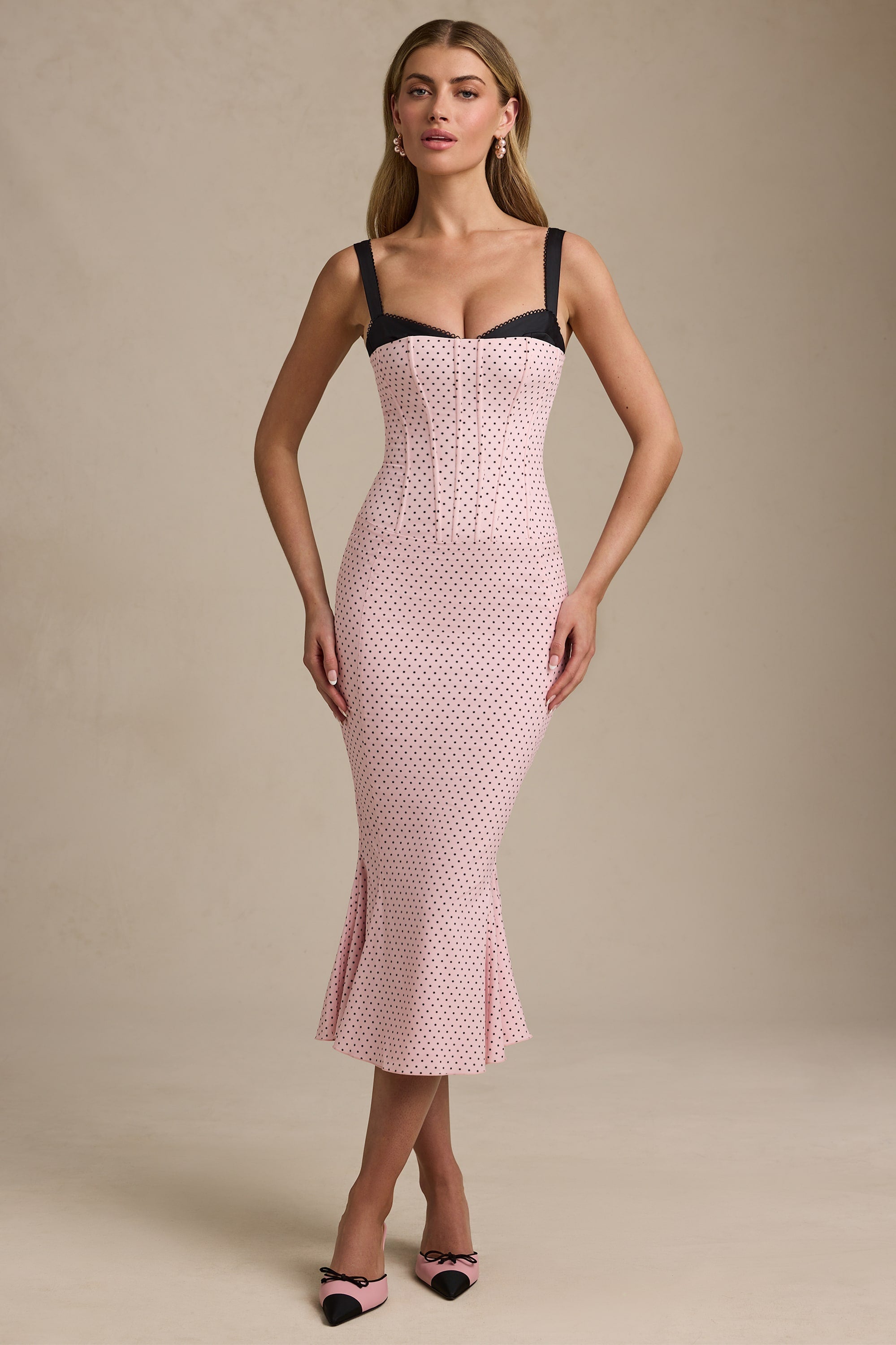 Layered Bra-Detail Fishtail Midaxi Dress in Pink Polka Dot