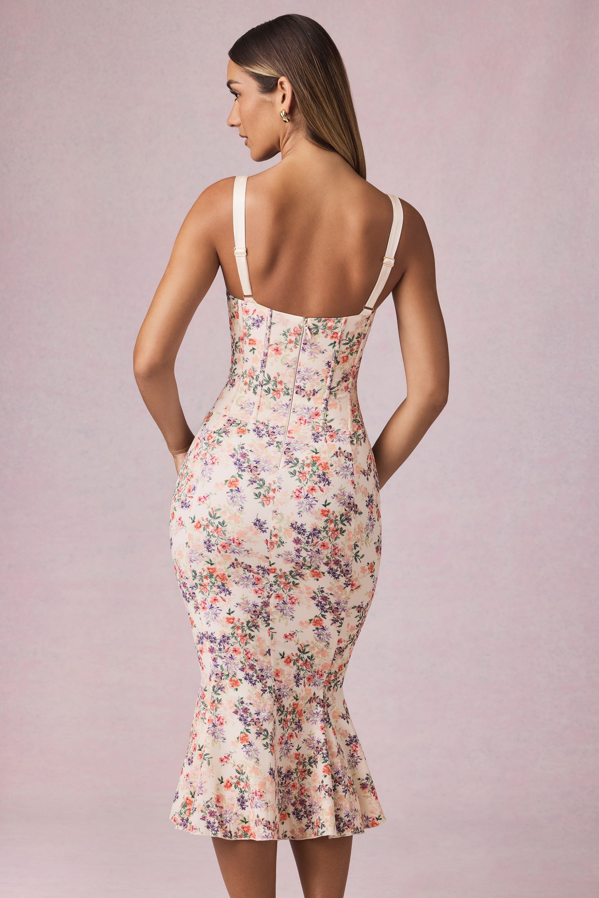 Layered Bra-Detail Fishtail Midaxi Dress in Primrose Floral Print