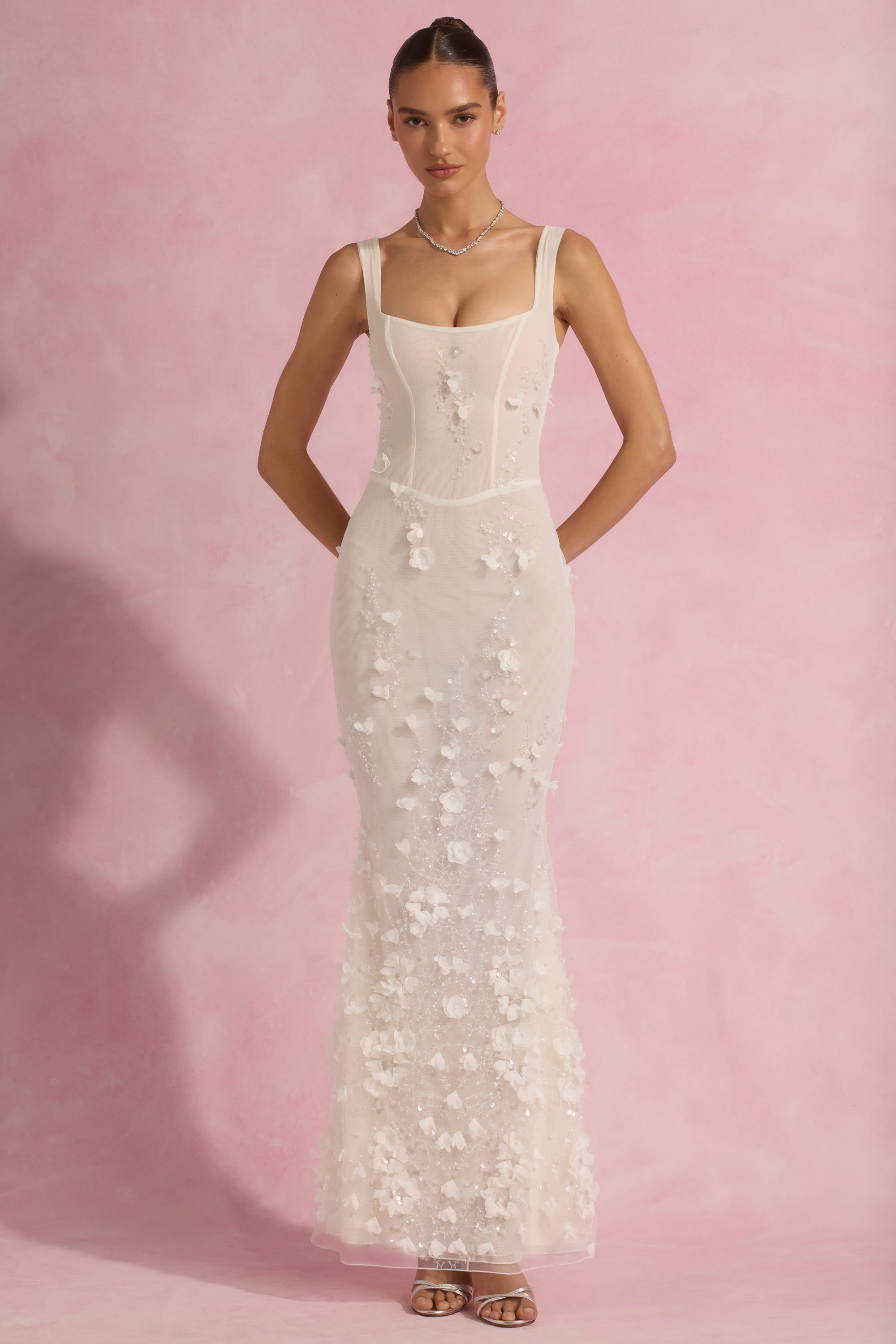 Embellished Fishtail Corset Gown in White